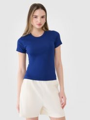 4F T-shirt slim z prążkowanej dzianiny damski - granatowy XXL. Niebieskie t-shirty damskie 4f, xs, bez wzorów, z bawełny, bez kołnierzyka. W wyprzedaży za 39.99 zł.