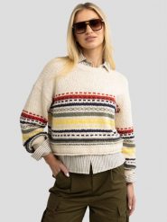 Sweter damski bawełniany w kolorowe paski kremowy Mixta 000. Białe swetry klasyczne damskie Big Star, l, z bawełny, bez kołnierzyka. W wyprzedaży za 99.99 zł.