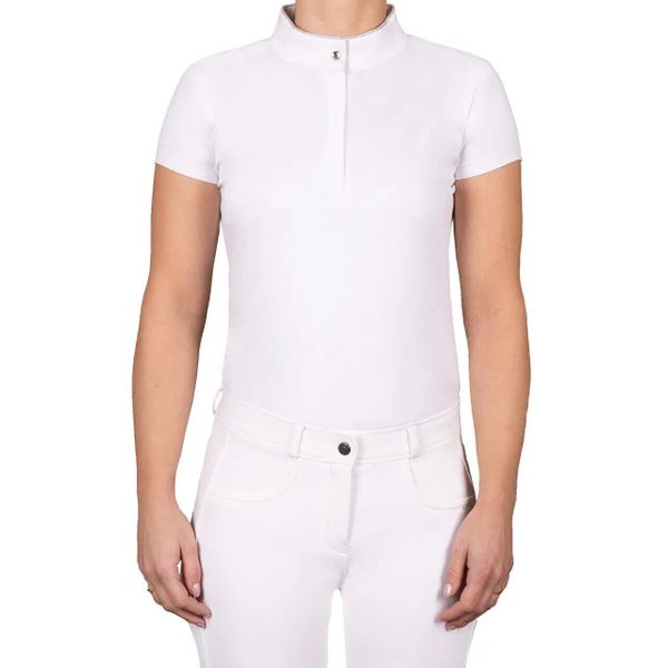 Dziecięca konkursowa koszulka polo Q-essentials Zayla. Białe bluzki sportowe damskie QHP, m, z elastanu, bez kołnierzyka, bez ramiączek. Za 150.50 zł.