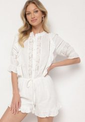 Biały Kombinezon z Lnu i Wiskozy w Stylu Boho z Falbankami i Koronką Linalisse. Białe kombinezony damskie Born2be, m, bez wzorów, z koronki, boho, bez kołnierzyka, bez ramiączek. Za 159.99 zł.