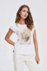 T-shirt z printem biały. Białe t-shirty damskie MOODO, l, bez wzorów, z bawełny, bez kołnierzyka. Za 49.99 zł.