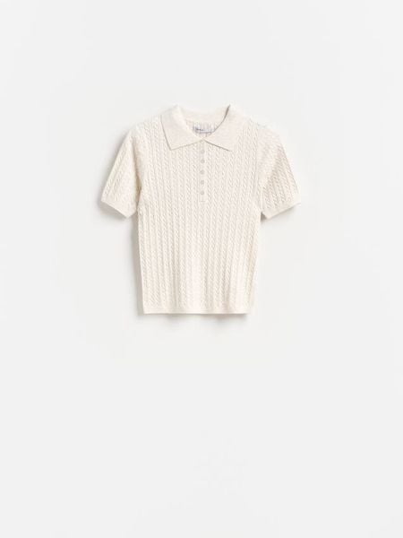 Sweter z krótkimi rękawami - kremowy. Białe swetry klasyczne damskie Reserved, l, z bawełny, bez kołnierzyka. Za 99.99 zł.