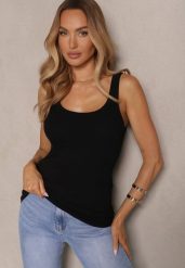 Czarny Top na Ramiączkach z Prążkowanego Materiału z Bawełny Zaliena. Czarne topy damskie Renee, s, bez wzorów, z bawełny, bez kołnierzyka. Za 39.99 zł.