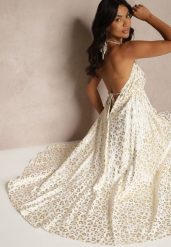 Biała Wiskozowa Sukienka Halter Zdobiona Metalicznym Nadrukiem w Panterkę Linaruna. Białe sukienki damskie Renee, na co dzień, m, z aplikacjami, z materiału, eleganckie, bez kołnierzyka, bez ramiączek, maxi, rozkloszowane. Za 109.99 zł.
