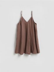 Sukienka mini z lyocellem - brązowy. Brązowe sukienki damskie Reserved, l, bez wzorów, z lyocellu, bez kołnierzyka, bez ramiączek, mini, rozkloszowane. Za 119.99 zł.