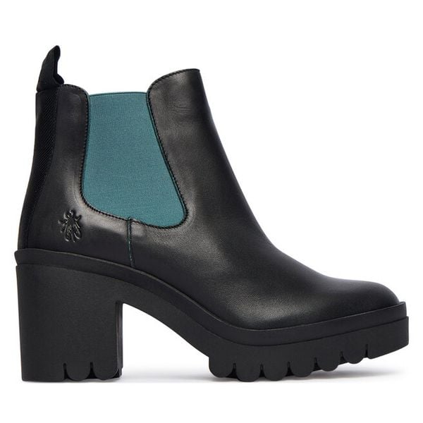Botki Fly London. Czarne botki damskie Fly London, bez obcasa, na słupku, bez zapięcia. Za 599.99 zł.