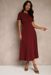 Bordowa Sukienka o Rozkloszowanym Kroju z Ozdobnym Paskiem Desiliena. Czerwone sukienki damskie Renee, na spotkanie biznesowe, m, bez wzorów, z denimu, eleganckie, bez kołnierzyka, bez ramiączek, maxi, kopertowe. W wyprzedaży za 76.99 zł.