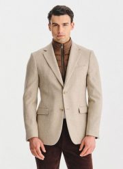 PAKO LORENTE - Beżowa marynarka męska z odpinaną stójką. Brązowe marynarki męskie Pako Lorente, bez wzorów, z poliesteru. Za 699.99 zł.