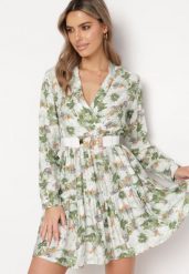 Beżowo-Zielona Sukienka Mini w Kwiaty z Rozkloszowanym Falowanym Dołem Darae. Brązowe sukienki damskie Born2be, l, bez wzorów, bez kołnierzyka, bez ramiączek, mini, kopertowe. Za 89.99 zł.