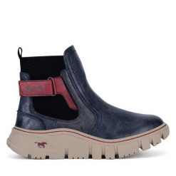 Botki Mustang. Niebieskie botki damskie Mustang, bez obcasa, na płaskiej podeszwie, bez zapięcia. Za 369.99 zł.