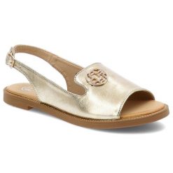 Sandały damskie Filippo, z eko skóry z ozdobą na płaskim obcasie na sprzączkę, złote, DS3666-25-GO. Żółte sandały damskie Filippo, z aplikacjami, ze skóry, bez obcasa, na płaskiej podeszwie. Za 99.99 zł.