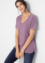 T-shirt z bawełną organiczną. Fioletowe t-shirty damskie bonprix, bez wzorów, z bawełny, bez kołnierzyka. Za 57.99 zł.