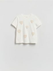 T-shirt z haftowaną aplikacją - złamana biel. T-shirty damskie Reserved, l, z aplikacjami, z bawełny, bez kołnierzyka. Za 79.99 zł.