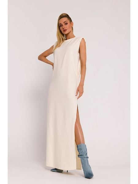 Made of emotion Sukienka w kolorze kremowym rozmiar: XL. Brązowe sukienki damskie Made Of Emotion, na co dzień, xl, bez wzorów, bez kołnierzyka, bez ramiączek, maxi, proste. Za 199.65 zł.