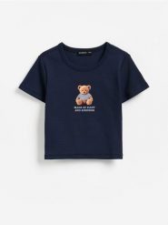 T-shirt z nadrukiem - granatowy. Niebieskie koszulki dziewczęce Reserved, bez wzorów, z bawełny, bez ramiączek. Za 39.99 zł.