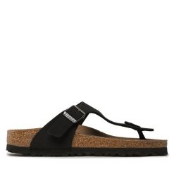 Japonki Birkenstock. Czarne klapki damskie Birkenstock, bez wzorów, bez obcasa. Za 449.99 zł.