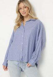 Niebieska Bawełniana Koszula Oversize w Paski ze Ściągaczem Elineola. Niebieskie koszule damskie Born2be, uniwersalny, bez wzorów, z bawełny, eleganckie, bez kołnierzyka, bez ramiączek. Za 129.99 zł.