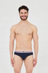 EMPORIO ARMANI Slipy granatowe 3-pack. Niebieskie slipki męskie Emporio Armani, bez wzorów, z bawełny. W wyprzedaży za 205.99 zł.