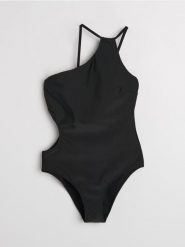 Strój kąpielowy jednoczęściowy na jedno ramię z wycięciem - czarny. Czarne stroje jednoczęściowe damskie Sinsay, l, bez wzorów. Za 59.99 zł.