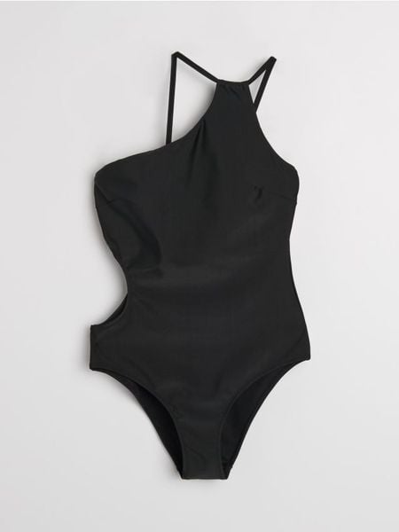 Strój kąpielowy jednoczęściowy na jedno ramię z wycięciem - czarny. Czarne stroje jednoczęściowe damskie Sinsay, l, bez wzorów. Za 59.99 zł.