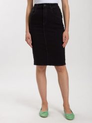 Cross Jeans Spódnica dżinsowa w kolorze czarnym rozmiar: W29. Czarne spódniczki damskie Cross Jeans, z aplikacjami, z jeansu, klasyczne, z podwyższonym stanem, midi. Za 114.17 zł.