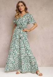 Zielona Sukienka Maxi z Wiskozy z Gumką i Materiałowym Paskiem w Talii Dionelia. Zielone sukienki damskie Renee, l, bez wzorów, z materiału, bez kołnierzyka, bez ramiączek, maxi. Za 44.99 zł.