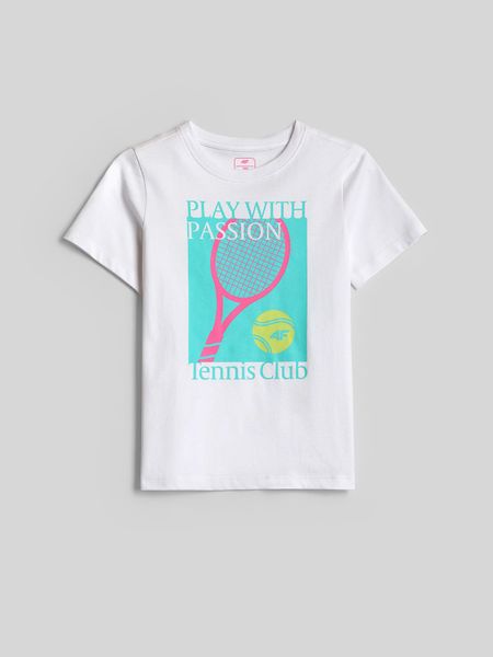 4F T-shirt regular z nadrukiem dziewczęcy - biały 122 (6-7 lat). Białe koszulki dziewczęce 4f, bez wzorów, z bawełny, bez ramiączek. Za 49.99 zł.