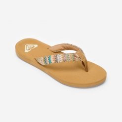 Japonki damskie Roxy Porto Raffia. Brązowe klapki damskie Roxy, bez wzorów, z bawełny, bez obcasa. Za 129.99 zł.