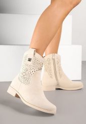 Beżowe Botki w Stylu Kowbojek z Ażurowymi Wycięciami Efadriana. Brązowe botki damskie Born2be, bez obcasa, na płaskiej podeszwie, bez zapięcia. Za 119.99 zł.