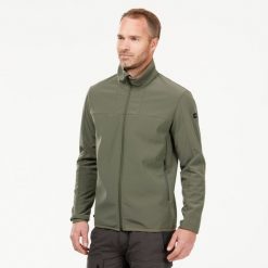 Kurtka softshell turystyczna męska Quechua MT100. Czarne kurtki męskie FORCLAZ, l, bez wzorów, z polaru, bez kaptura. Za 199.99 zł.