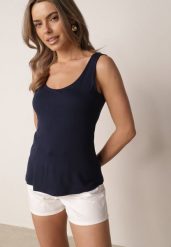 Granatowy Gładki Top na Szerokich Ramiączkach w Stylu Basic Starbe. Niebieskie topy damskie Born2be, l, bez wzorów, z jeansu, bez kołnierzyka. Za 39.99 zł.