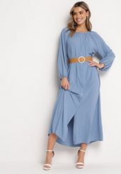 Niebieska Sukienka Dorothoe. Niebieskie sukienki damskie Born2be, na co dzień, l, bez wzorów, z tkaniny, eleganckie, bez kołnierzyka, bez ramiączek, maxi, rozkloszowane. W wyprzedaży za 111.99 zł.