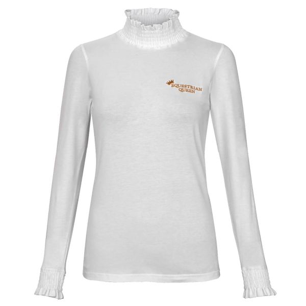 Koszulka konkursowa jeździecka damska Equestrian Queen Hazel z długim rękawem. Białe t-shirty damskie EQUESTRIAN QUEEN, xl, z aplikacjami, z bawełny, bez kołnierzyka. Za 172.99 zł.