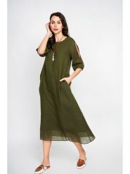 ASSUILI Lniana sukienka w kolorze khaki rozmiar: 38. Brązowe sukienki damskie Assuili, bez wzorów, ze lnu, klasyczne, bez kołnierzyka, bez ramiączek, midi. Za 153.71 zł.