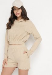 Beżowy Bawełniany Komplet Sportowy Bluza z Kapturem i Szorty Izilia. Brązowe bluzy sportowe damskie Born2be, bez wzorów, z bawełny, sportowe. Za 99.99 zł.