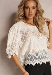 Beżowa Bluzka z Haftem i Krótkim Rękawem Huki. Brązowe bluzki damskie Renee, bez wzorów, z tkaniny, boho, bez kołnierzyka, bez ramiączek. Za 89.99 zł.