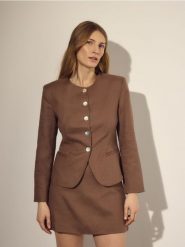 Marynarka z lnem - beżowy. Brązowe marynarki i żakiety damskie Reserved, l, bez wzorów, z tkaniny. Za 179.99 zł.