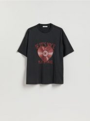 T-shirt z nadrukiem - jasnoszary. Szare t-shirty damskie Reserved, l, bez wzorów, z bawełny, bez kołnierzyka. Za 59.99 zł.