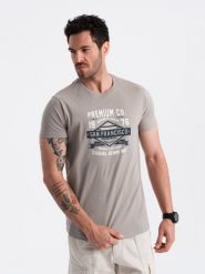 Męski bawełniany t-shirt z nadrukiem San Francisco – popielaty V4. Szare t-shirty męskie Ombre Clothing, l, bez wzorów, z bawełny, bez kołnierzyka. W wyprzedaży za 19.99 zł.