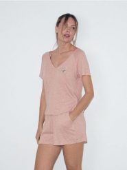 Piżama z lnem i wiskozą - brudny róż. Czerwone piżamy damskie Reserved, l, bez wzorów, z dzianiny, bez ramiączek. Za 139.99 zł.