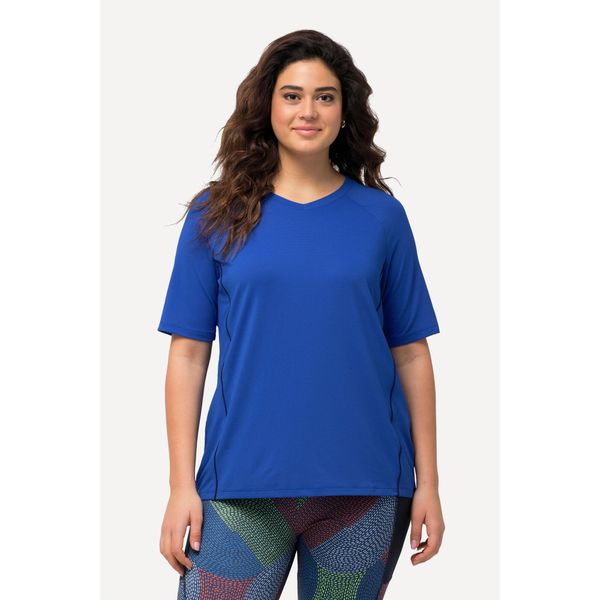 Damskie T-shirt ochrona UV 50+ dekolt w serek rękaw 1/2. Niebieskie t-shirty damskie Ulla Popken, plus size, bez wzorów, z elastanu, bez kołnierzyka. Za 179.99 zł.