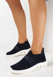 Granatowe Buty Sportowe ze Skarpetkową Cholewką i Napisem Thirllas. Niebieskie buty sportowe na co dzień damskie Born2be, bez wzorów. Za 54.99 zł.