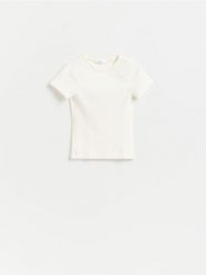 T-shirt z wiskozą - biały. Białe t-shirty damskie Reserved, l, bez wzorów, z bawełny, bez kołnierzyka. Za 49.99 zł.