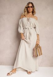 Jasnobeżowa Bawełniana Sukienka z Muślinu Wiązana przy Dekolcie z Paskiem i Gumką w Talii Tasda. Brązowe sukienki damskie Renee, na co dzień, bez wzorów, z bawełny, bez kołnierzyka, bez ramiączek, maxi, proste. Za 139.99 zł.