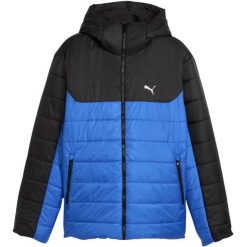 Męska kurtka ESS Hooded Padded PUMA niebiesko-czarna. Czarne kurtki męskie Puma, m, bez wzorów, z materiału, bez kaptura. Za 284.99 zł.