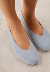 Niebieskie Balerinki z Imitacji Zamszu w Stylu Basic Saraphiele. Niebieskie baleriny damskie Renee, bez wzorów, z jeansu, bez obcasa. Za 79.99 zł.