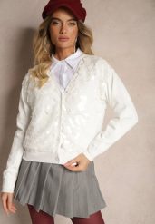 Biały Kardigan na Guziki z Wiskozą i Cekinami Evelith. Białe kardigany damskie Renee, z aplikacjami, z jeansu. Za 109.99 zł.