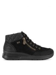 Rieker Botki L7701-00 Czarny. Czarne botki damskie Rieker, ze skóry, bez obcasa, na płaskiej podeszwie, bez zapięcia. Za 399.99 zł.