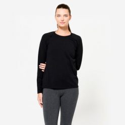 Koszulka z długim rękawem damska Domyos Gym & Pilates. Czarne bluzki damskie DOMYOS, na zimę, xl, bez wzorów, z bawełny, bez ramiączek. Za 49.99 zł.