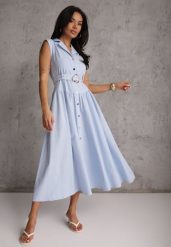 Niebieska Bawełniano-Wiskozowa Sukienka Koszulowa Bez Rękawów z Paskiem Athithoe. Niebieskie sukienki damskie Renee, m, bez wzorów, z bawełny, bez kołnierzyka, bez ramiączek, maxi, koszulowe. Za 189.99 zł.